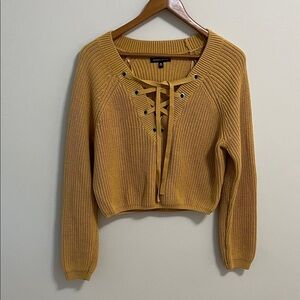 Kendall & Kylie Top Sweater Mustard Yellow Med Lace-Up Knit Tie Cropped
